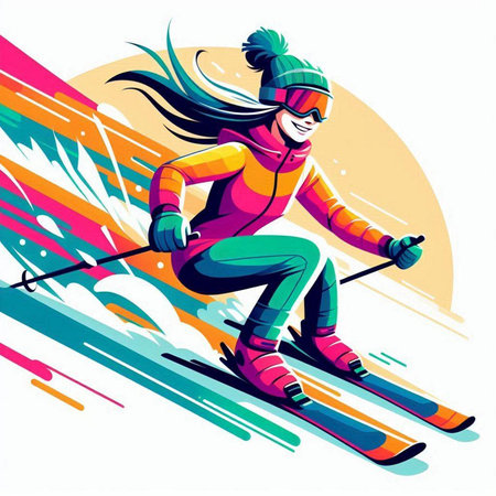 Girl skier skiing in the mountains. Colorful vector illustration.のイラスト素材