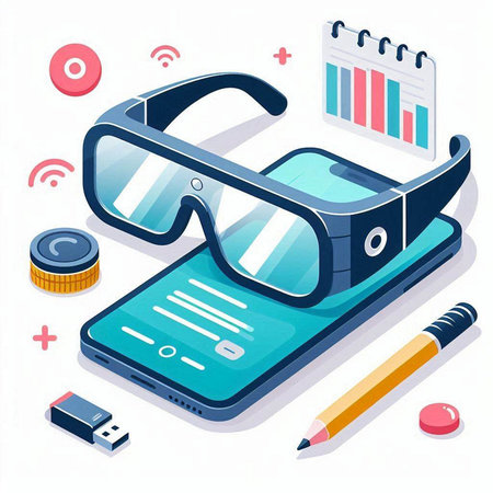 Smartphone with virtual reality goggles. Isometric flat vector illustration.のイラスト素材