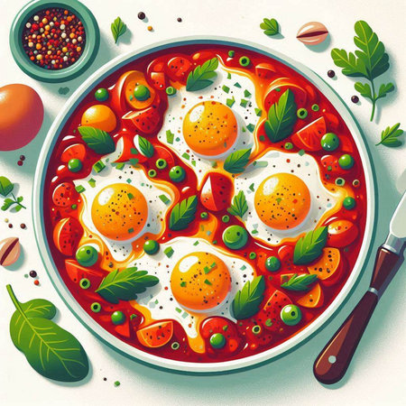 Fried eggs in tomato sauce with herbs and spices. Vector illustration.のイラスト素材