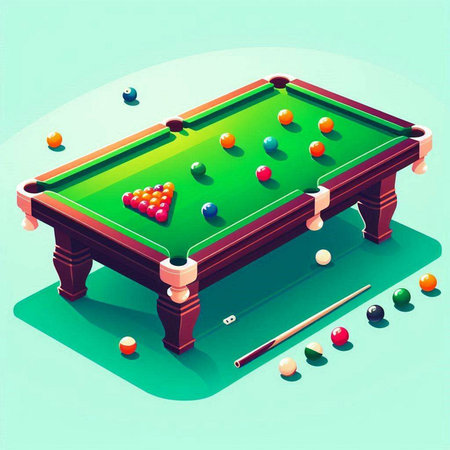 Billiard table with balls and cue. 3d isometric vector illustration.のイラスト素材