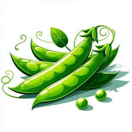 Fresh green peas with leaves isolated on white background. Vector illustration.のイラスト素材