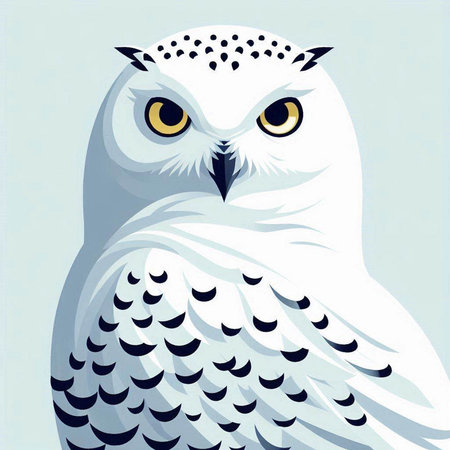 Snowy owl. Vector illustration of a white owl on a blue background.のイラスト素材