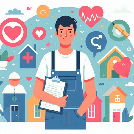 Vector illustration of man in overalls holding clipboard with checklist. Flat styleのイラスト素材