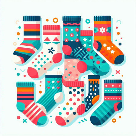 Colorful Christmas socks with different patterns on a white background. Vector illustration.のイラスト素材