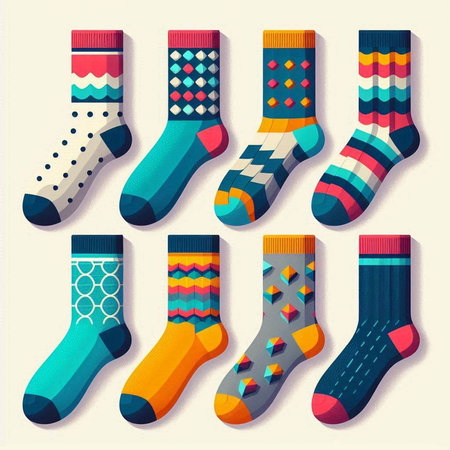 Set of colorful socks with different patterns. Vector illustration in flat styleのイラスト素材