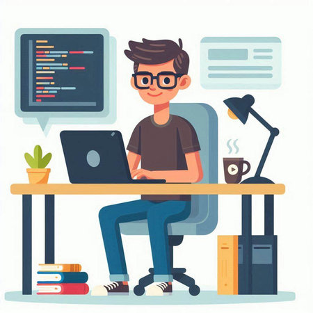 Young man sitting at the table and working on a laptop. Vector illustrationのイラスト素材