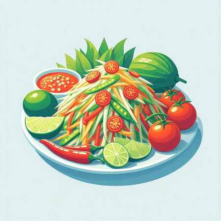 Illustration of papaya salad with lime and vegetables on plate.のイラスト素材