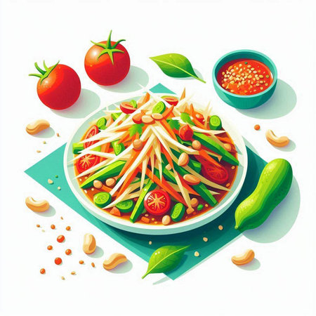 Spicy papaya salad with vegetables and spices. Vector illustration.のイラスト素材