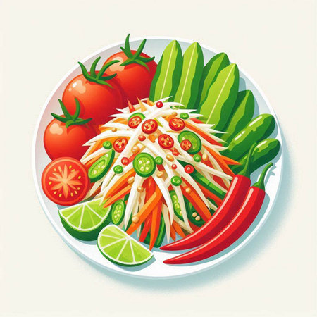 Spicy papaya salad with vegetables on a plate. Vector illustration.のイラスト素材