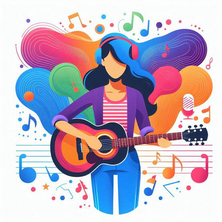 Girl playing guitar and singing in headphones on colorful background. Vector illustration.のイラスト素材