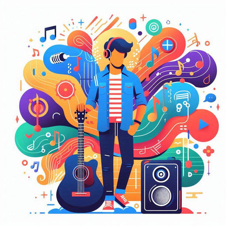 Hipster young man with guitar on colorful musical background. Vector illustrationのイラスト素材