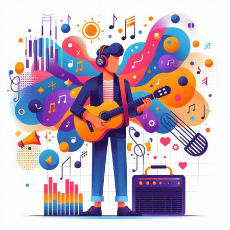 Man playing guitar and singing in headphones. Music concept. Vector illustrationのイラスト素材