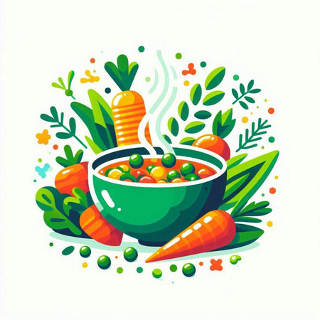 Vegetable soup in a bowl with carrots and herbs. Vector illustration.のイラスト素材
