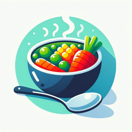Vegetable soup in a bowl with spoon. Vector illustration.のイラスト素材