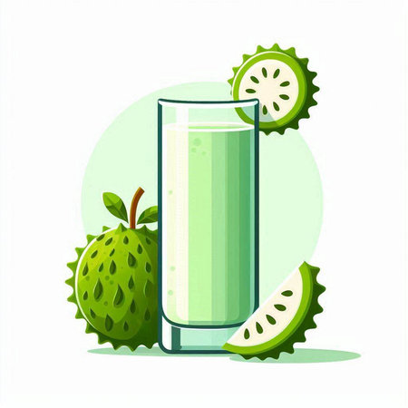 Glass of fresh soursop juice with green fruit. Vector illustration.のイラスト素材