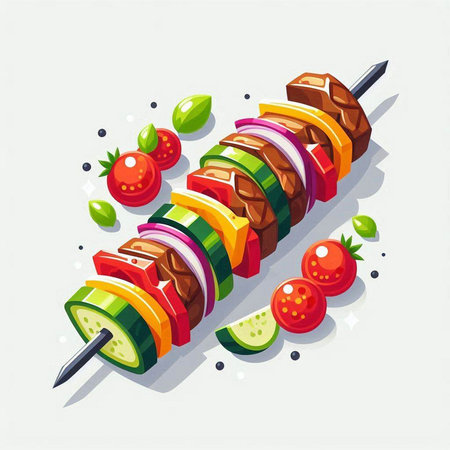 Shish kebab on a skewer with vegetables. Vector illustration.のイラスト素材