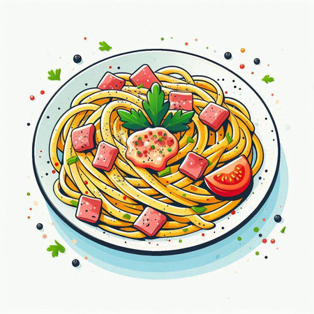 Spaghetti with tomato and parsley on a plate. Hand drawn vector illustration.のイラスト素材