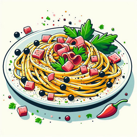 Spaghetti with tomato sauce, olives and parsley. Vector illustration.のイラスト素材
