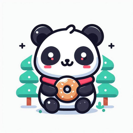 Cute panda bear with donut in the forest. Cute animal character. Vector flat illustrationのイラスト素材