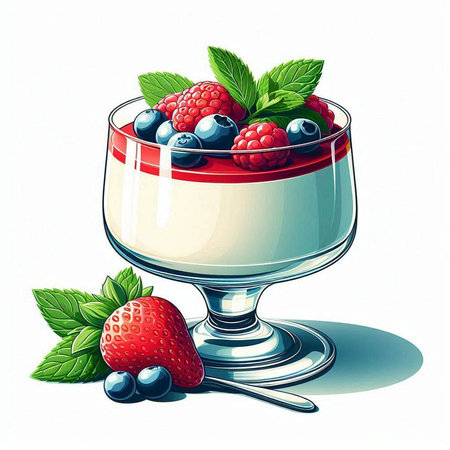 Delicious yogurt with berries in a glass bowl. Vector illustration.のイラスト素材
