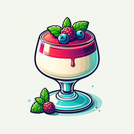 Vector illustration of a panna cotta in a glass with berries.のイラスト素材