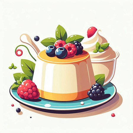 Panna cotta with berries and whipped cream. Vector illustration.のイラスト素材