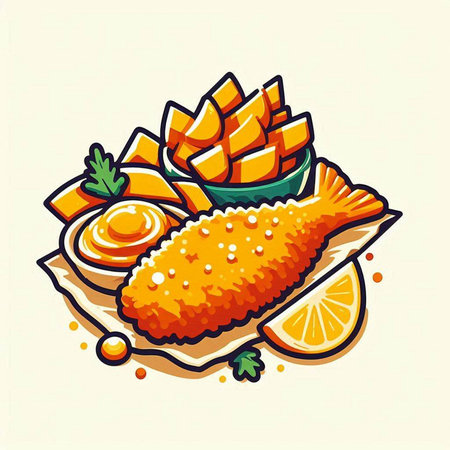 Fried fish with chips and lemon. Vector illustration of fried fish.のイラスト素材