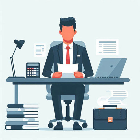 Businessman sitting at his desk and working on laptop. Vector flat illustrationのイラスト素材