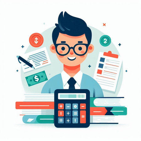 Businessman with calculator and documents. Vector illustration in flat style.のイラスト素材