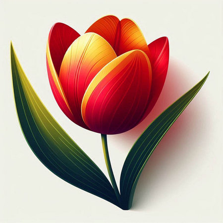 Red tulip with green leaves on white background. Vector illustration.のイラスト素材