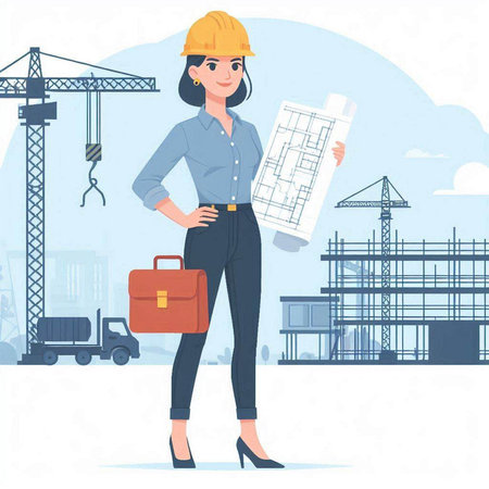 Architect woman on construction site background. Vector illustration in flat styleのイラスト素材