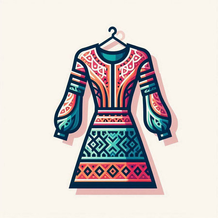 Ethnic folk patterned dress. Hand-drawn illustration. Vector.のイラスト素材