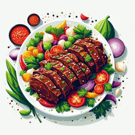Illustration of a delicious beef tenderloin with vegetables on a plateのイラスト素材