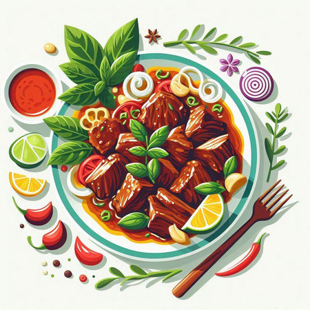 Illustration of a bowl of beef stew with vegetables and spices.のイラスト素材