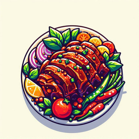 Salad with chicken and vegetables on the plate. Vector illustration.のイラスト素材