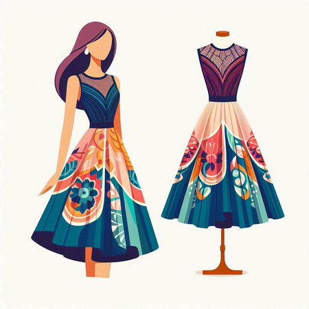 Fashionable women's dresses on a mannequin. Vector illustration.のイラスト素材