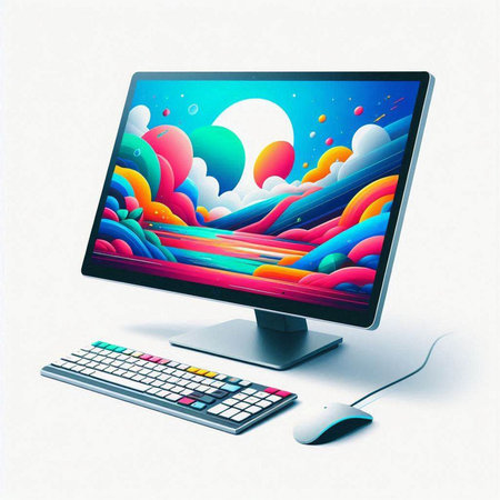 computer monitor with a keyboard and mouse on a white background. 3d illustrationのイラスト素材
