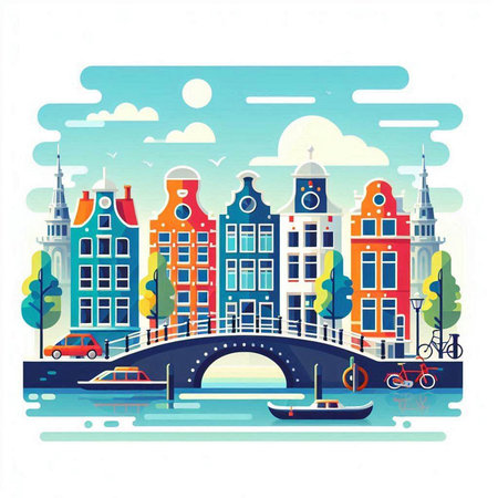 Amsterdam cityscape with canal and bridge. Vector illustration in flat styleのイラスト素材