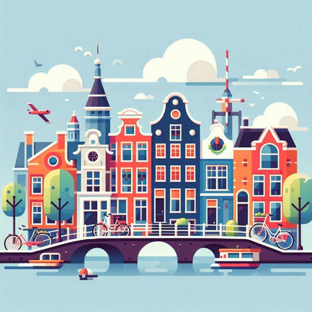 Amsterdam, Netherlands cityscape. Vector illustration in flat style.のイラスト素材