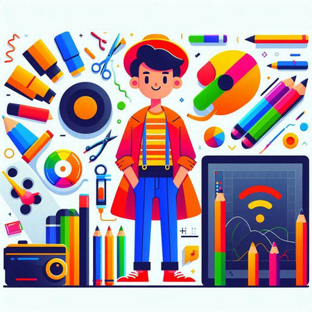 Vector illustration of a boy in a hat standing near the tablet with a set of school supplies.のイラスト素材