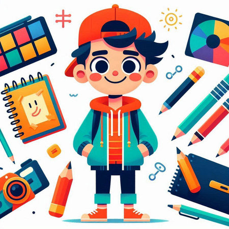 Cute schoolboy with school supplies. Vector illustration in cartoon styleのイラスト素材