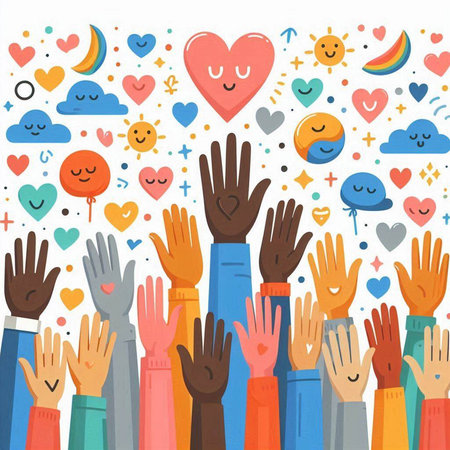 Group of hands raised up with different icons and symbols. Vector illustration.のイラスト素材