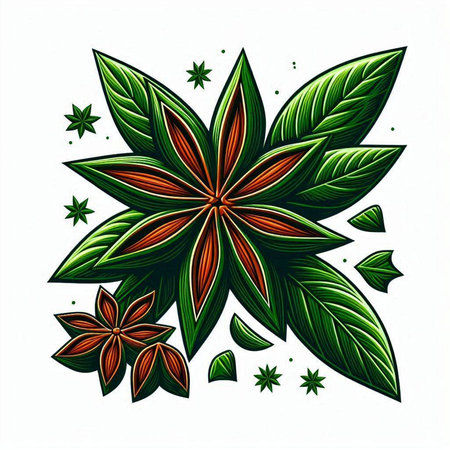 Illustration of Star Anise with green leafs on white backgroundのイラスト素材
