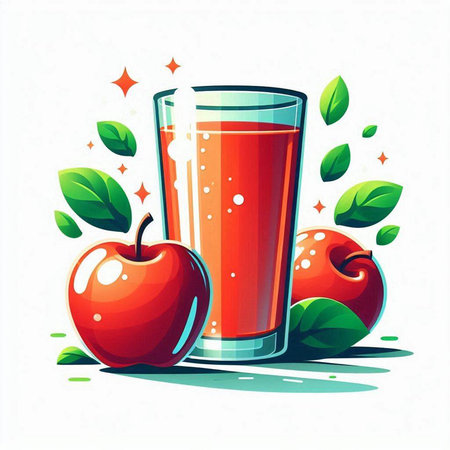 Glass of fresh juice with apples and green leaves. Vector illustration.のイラスト素材