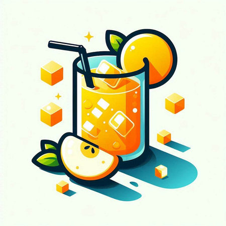 Orange juice with ice cubes and slice of orange. Vector illustration.のイラスト素材