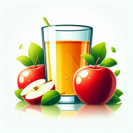 Glass of apple juice with apples and green leaves. Vector illustration.のイラスト素材