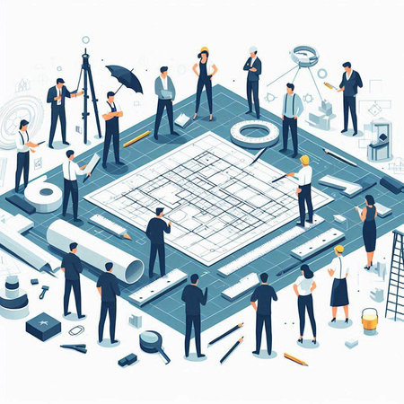 Architects and engineers working on construction plans, vector illustration.のイラスト素材