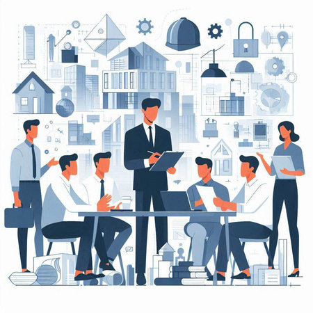 Business people working in office vector illustration. Office workers, businessmen and businesswomen sitting at table with documents and papers. Teamwork concept.のイラスト素材