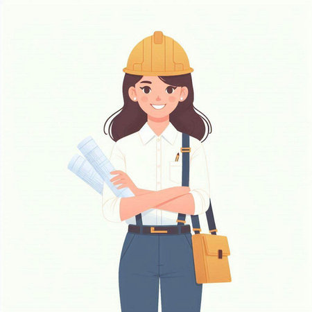 Female construction engineer or architect in helmet and overalls. Vector illustrationのイラスト素材