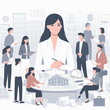 Architect woman working in office. Vector illustration in flat style.のイラスト素材